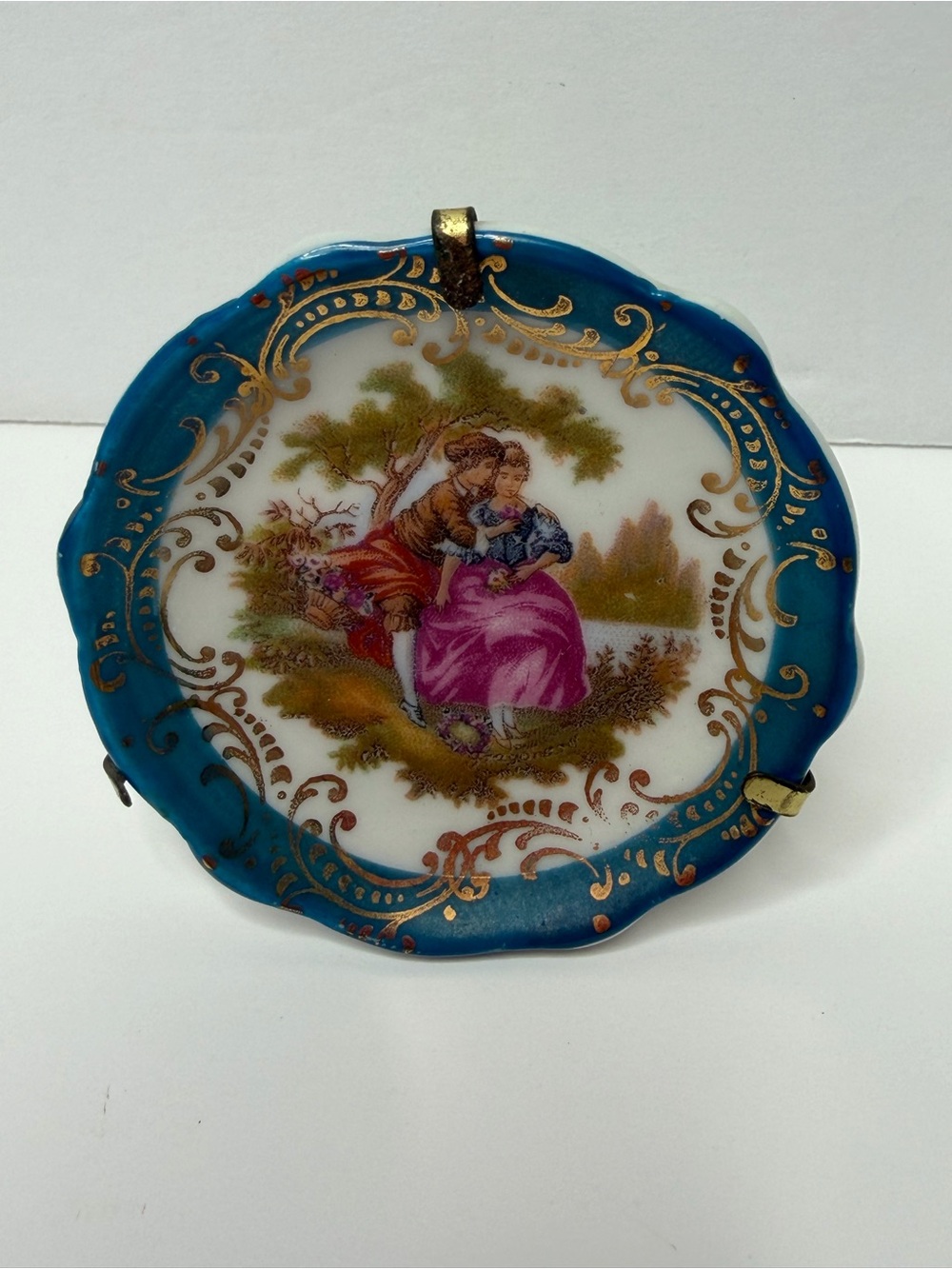 LIMOGES France Gold Blue Mini 2" Couple Portrait Plate With Mini Stand Trinket